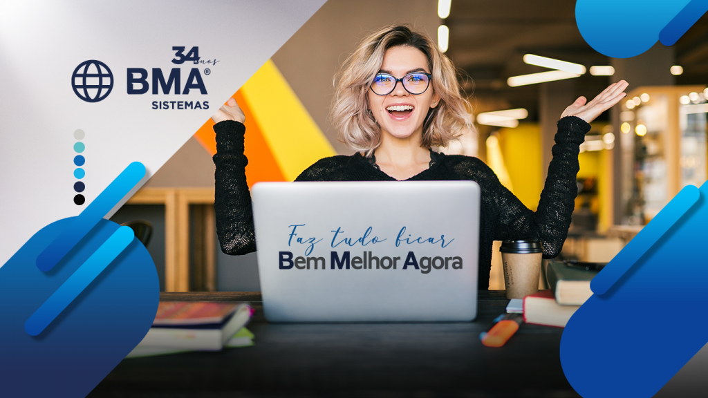 Diretora de RH - Recursos Humanos satisfeita por ter acesso em seu notebook ao BMA Acesso, BMA Ponto e BMA Folha, softwares da BMA Sistemas que facilitam e agilizam a gestão de pessoas em pequenas, médias e grandes empresas. O texto sobre imagem confirma: BMA Faz tudo ficar Bem Melhor Agora.